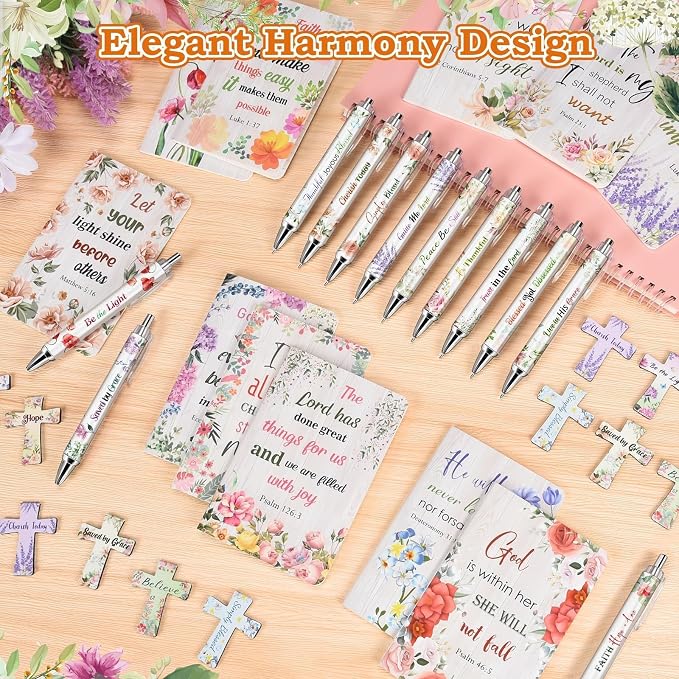 36 Pcs Christian Bulk Gifts for Women, Religious Notebook Gifts, 3.5"x5.5" | 12 Mini Bible Verse Notepads, 12 Scripture Ballpoint Pens, 12 Magnetic Cross Bookmarks,Cute inspirational Prizes Party Favors