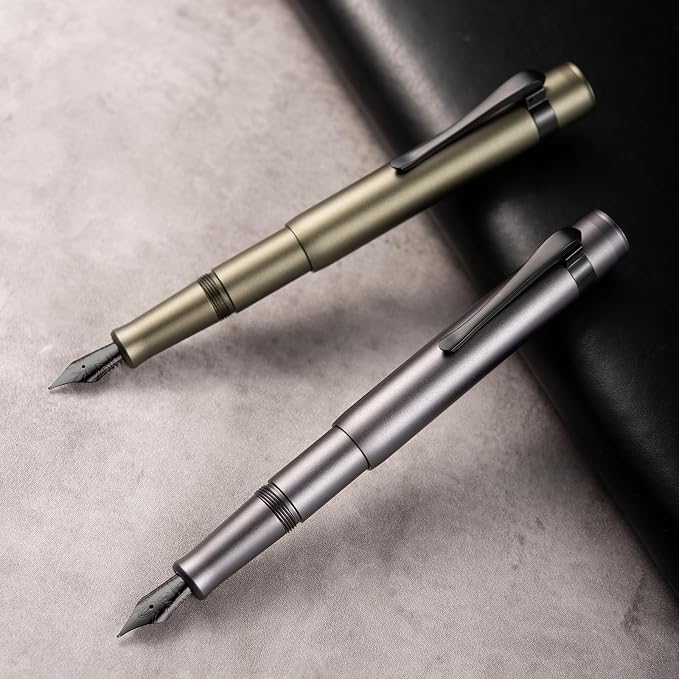 HONG DIAN M2 Black Forest Mini Fountain Pen, Bent Nib & Sleek Shape Aluminium Short Pocket Travel Pen (Space Gray)