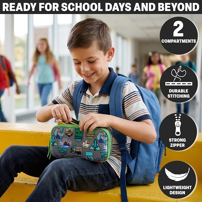 Get Trend Minecraft Pencil Case for Boys, Pencil Pouch with 2 Zipped Compartments, Back-to-School Marker & Pen Case, Organizer for School Supplies, Stationery, Gamer Gifts (Green/Multi Minecraft)