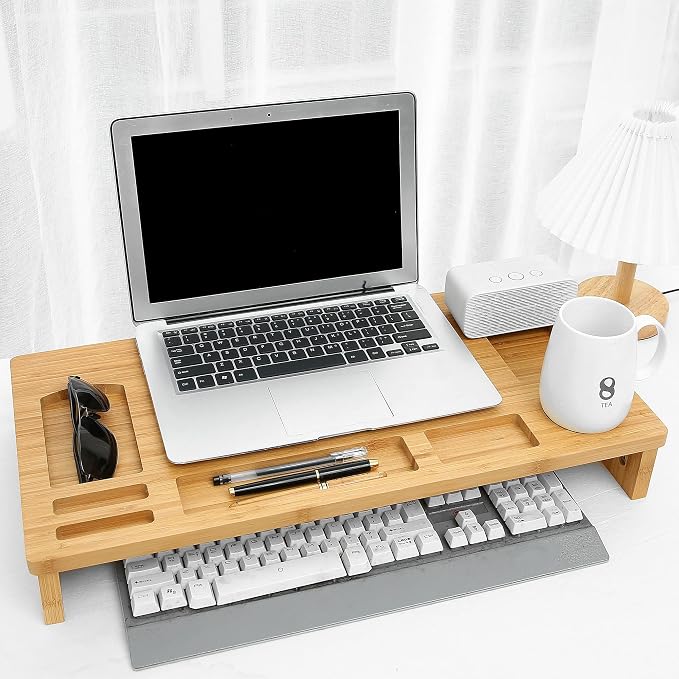 Vaiyer Bamboo Laptop Monitor Stand Riser, 23 Inch Wooden Desktop Organizer | Storage Shelf for Computer Laptop Printer, TV Cellphone Stand Desktop Monitor