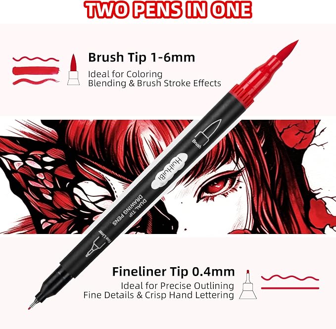 10 Pack Red Markers for Coloring,1-6mm Dual Brush Pens with 0.4mm Fine Tip Markers,Red Drawing Pens for Art Drawing Sketching Calligraphy