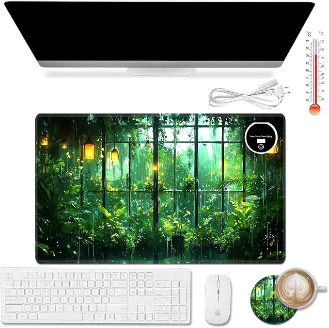 Heated Desk Pad Mouse Pad,Heated Desk Mat,with 3 Heating Levels & 3 Hours Auto Shut-Off,Leather 23.6"*14.2" Gaming Mouse Laptop Mat,Foot Warmer,Green Forest Window