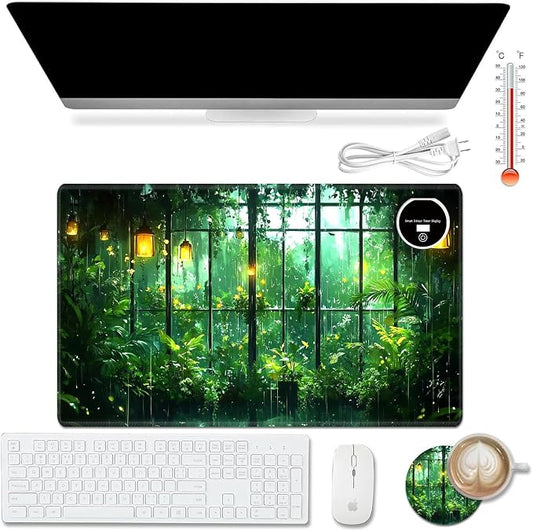 Heated Desk Pad Mouse Pad,Heated Desk Mat,with 3 Heating Levels & 3 Hours Auto Shut-Off,Leather 23.6"*14.2" Gaming Mouse Laptop Mat,Foot Warmer,Green Forest Window