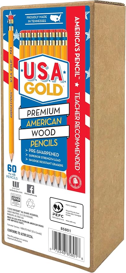 Cra-Z-Art U.S.A. Gold Pre-sharpened American Wood Cased #2 HB Yellow Pencils, 60 Pack