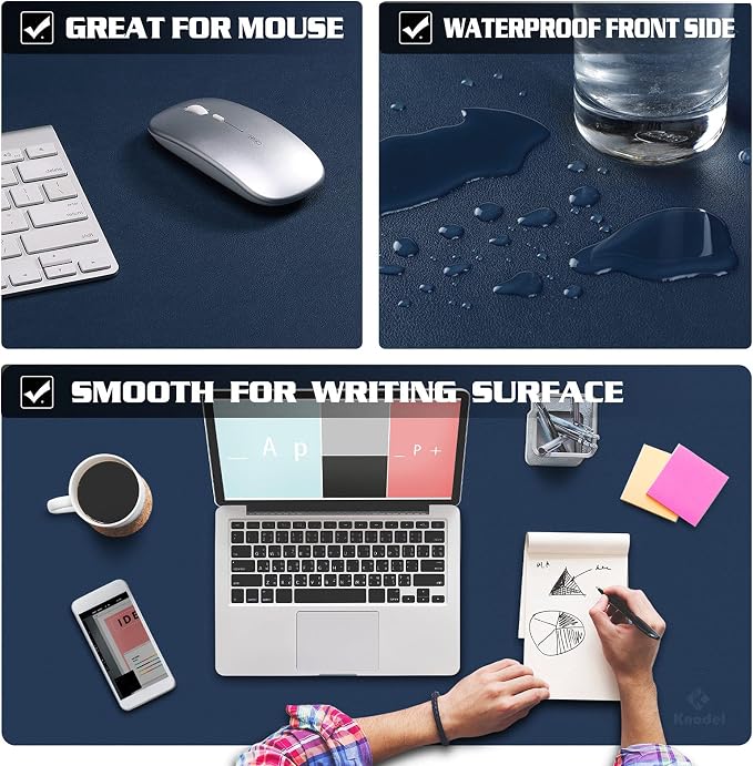 K KNODEL Large Desk Protector Mat, Leather Desk Pad (35.4"x17", Dark Blue) | Non-Slip Desk Mat, Desk Pads and Blotters, Desktop Mat, Desk Protector and Cover, Office Computer, Laptop and Keyboard Mat