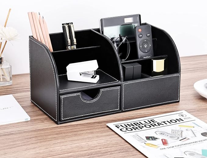 KINGFOM Pu Leather Desk Organizer Pen Pencil Holder Office Supplies Caddy Storage Box 6 Compartments with Drawer Black