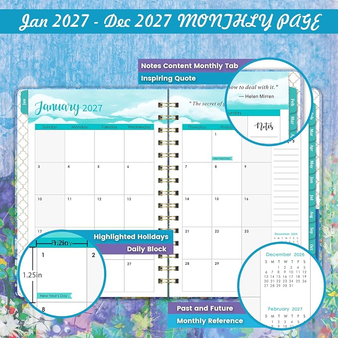 2027 Planner - 6.4" x 8.5", 2027 Planner Weekly and Monthly from Jan. - Dec.2027, 27 Calendar with Monthly Tabs, Sturdy Cover, Premium Paper, Strong Twin-wire, Back Pocket