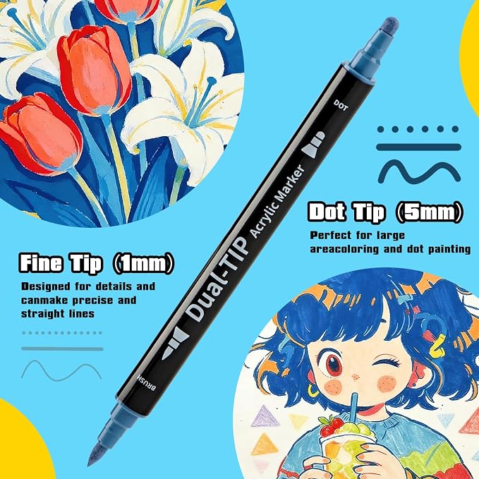 48 Colors Acrylic Paint Markers, Dual Tip with Fine Tip and Brush Tip, Acrylic Markers for Rock Painting, Canvas, Wood, Glass, Ceramic, Metal, DIY Crafts Art Supplies Kit