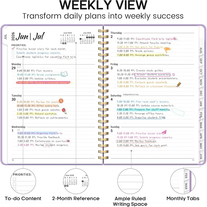 Academic Planner 2026-2027, Weekly and Monthly Calendar Planner Book, July 2026 – June 2027, Hardcover Organizer with Tabs, Perfect for Teachers, Students, Women & Men, A5 (6.4" x 8.5") - Lavender