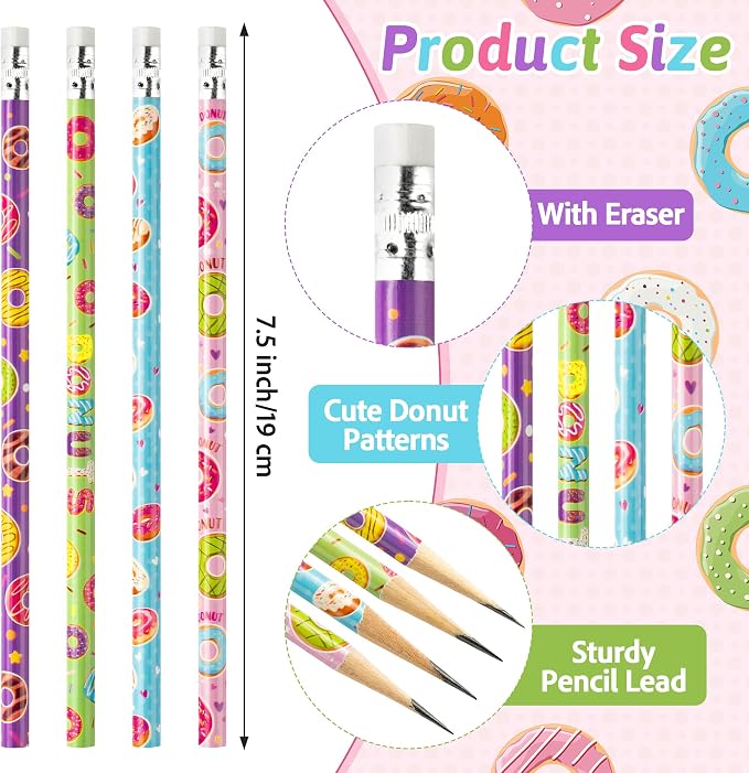 Xqumoi 60Pcs Doughnut Pencils with Erasers - Cute Donut Themed #2 HB Wooden Pencils in Bulk Birthday Party Favors Classroom Student Rewards Goodie Bag Fillers Stuffers Back to School Gift