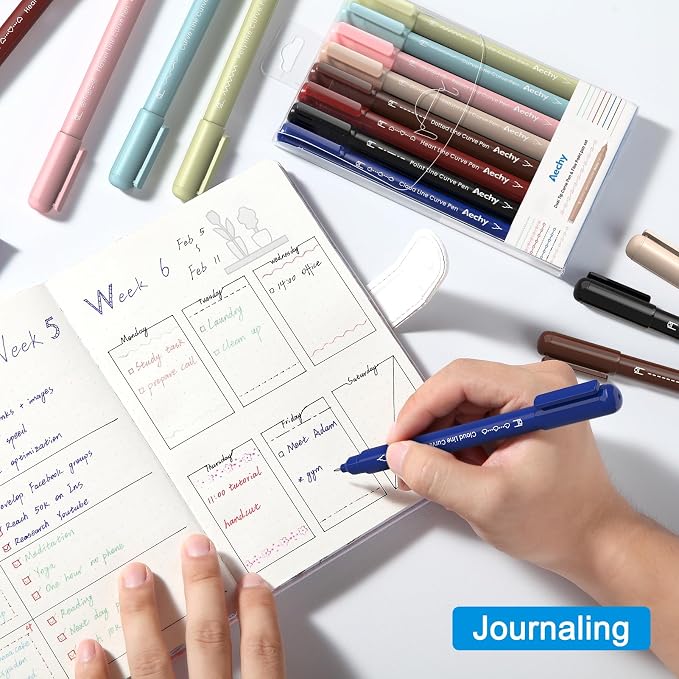 AECHY Dual Tip Curve Highlighter Pens,8 Colors Pattern Roller Fine Tip Pens | Creative Journaling Pens with Unique Curve Designs,Colored Markers for Note Taking,Drawing,Scrapbooking,School Supplies,Gifts