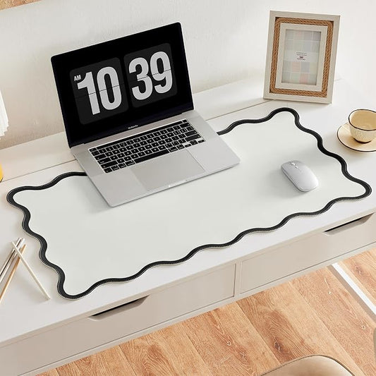 Scalloped Desk Mat, 31.5" x 15.7", PU Leather, Waterproof Anti-Slip, Cute Aesthetic Desk Pad for Office/Home/Game/Vanity (Black, 31.5" x 15.7")