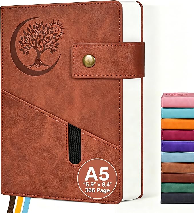 PAIBAS A5 Journal Notebook College Ruled 366 Pages Leather Journal for Men | Medium notebook A5 journal with 100gsm lined notebook paper, 3 ribbon bookmarks, cover pocket & brass snap button 5.9"x8.4"