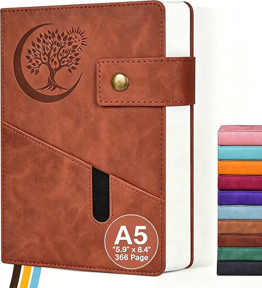 PAIBAS A5 Journal Notebook College Ruled 366 Pages Leather Journal for Men | Medium notebook A5 journal with 100gsm lined notebook paper, 3 ribbon bookmarks, cover pocket & brass snap button 5.9"x8.4"