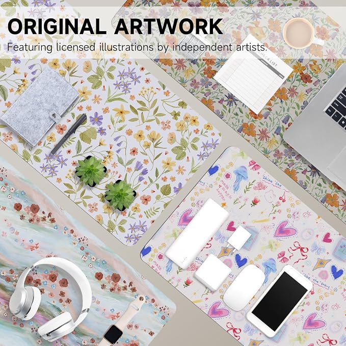Botanical Floral Desk Pad Blotter,Large Mouse Pad 35 x 17in,PU Leather Desk Mat Writing Pad Protector, Non-Slip Waterprrof,Desktop Decor for Home Office & Gamers Women Girls (Pressed Flower Art)