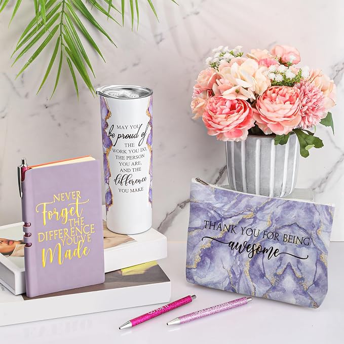 Domensi 6 Pcs Employee Appreciation Gift Set for Women Female Thank You Gift May You Be Proud 20 oz Rustic Marble Sign Tumbler Makeup Bag Journal for Boss Teacher Work Business(Purple)