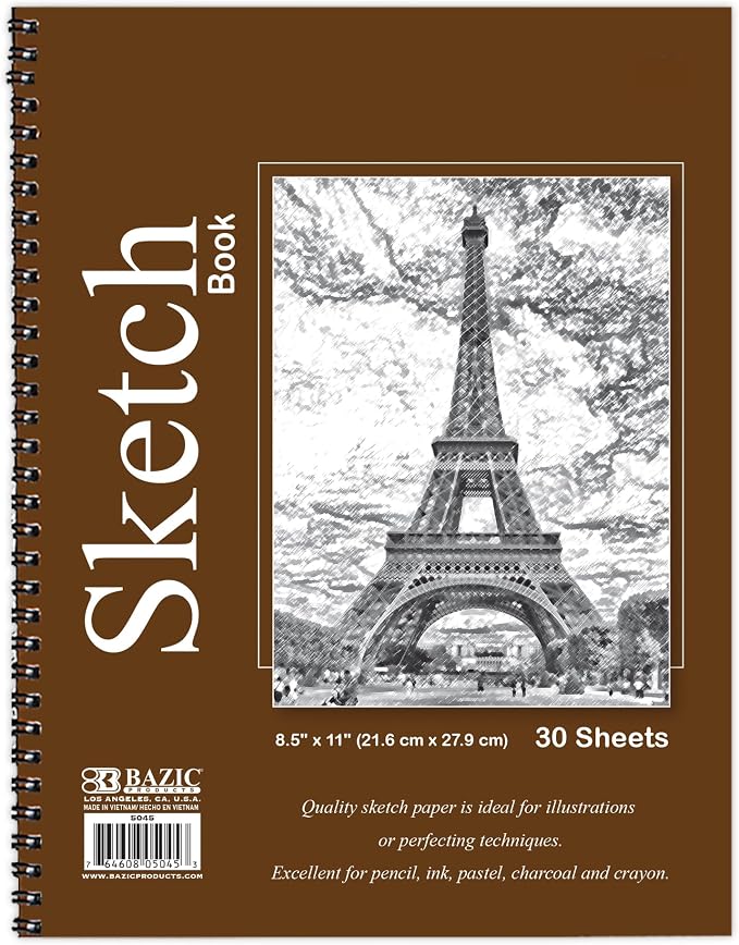 BAZIC Products Sketch Book, Side Bound, 8.5 x 11 in, 30 Sheets, 48-Case | 30-sheet spiral sketch book, smooth drawing paper for sketching, shading