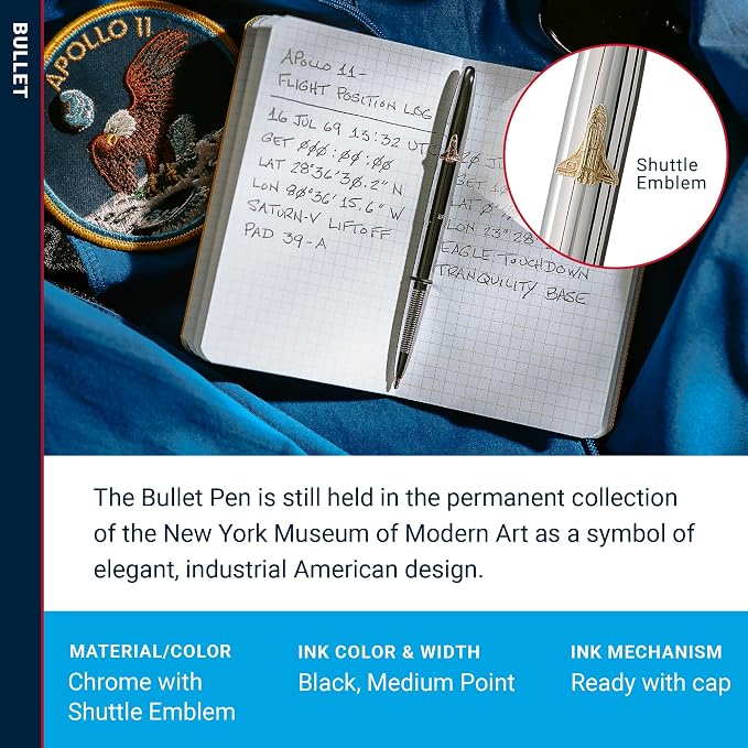 Fisher Space Pen Chrome Shuttle Emblem Bullet Pen, Pressurized Ballpoint Pen, Compact Size, Writes Upside Down, Extreme Temperatures, Smooth Black Ink, Medium Point, Gift Box, Made in USA