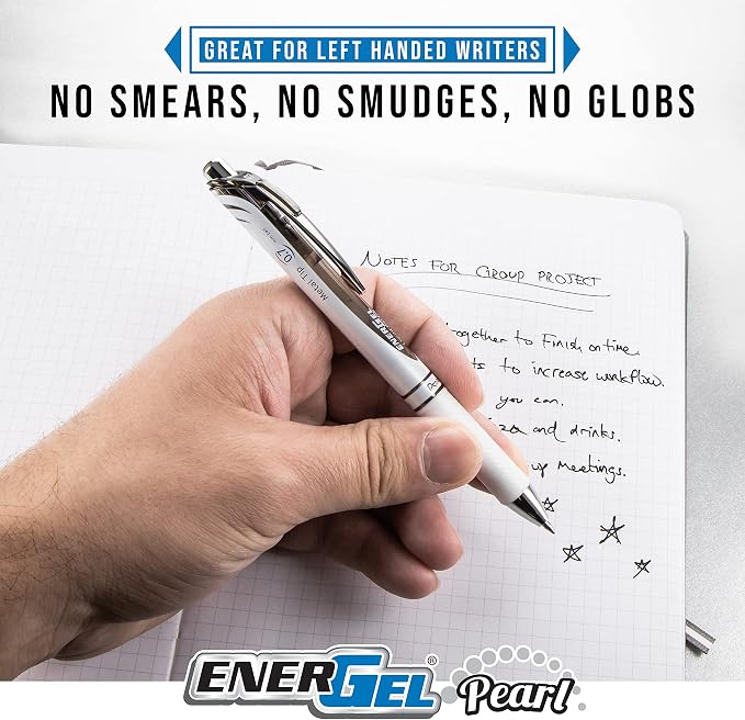 Pentel EnerGel Pearl RTX Gel Pen, 0.7mm, Assorted Ink, 4 count | Retractable, Medium Line, Needle-tip, Black Pink Blue and Purple ink