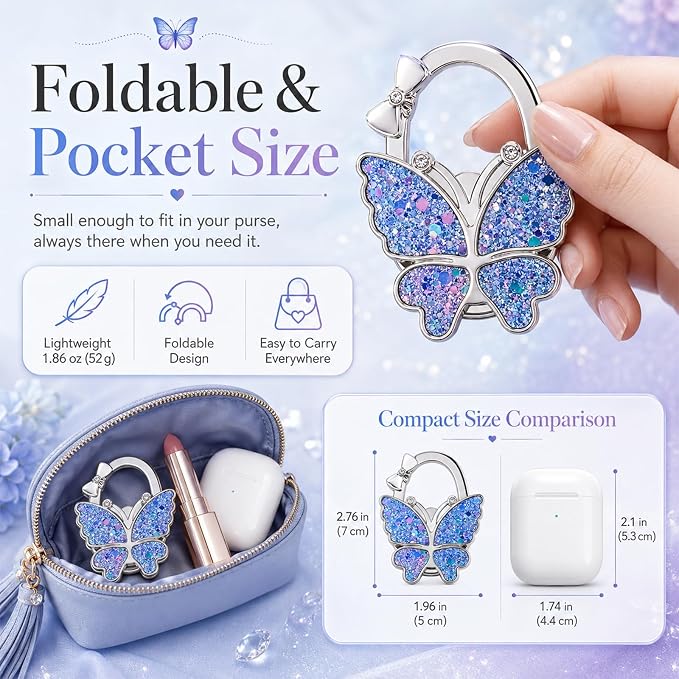 Purse Hook for Table, Foldable Handbag Hanger for Women, Portable Bag Holder with Non-Slip Base, Cute Star Blue Butterfly Purse Table Hook for Restaurant Office Travel Gift