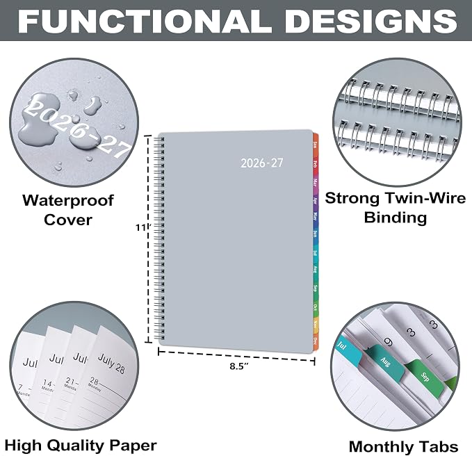 Planner 2026-2027 – 2026-2027 Planner Weekly and Monthly, 9" x 11", Large, July 2026 – June 2027, 12 Monthly Tabs, Strong Twin-Wire Binding, Inner Pocket, Hardcover, Grey