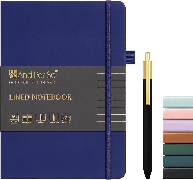 &And Per Se Lined Journal and Pen Set, A5 Leather Hardcover Notebook with Pen & Stationary Set, 160 Pages 100GSM Thick Ruled Paper Journal for Business Work Writing (Royal Blue)