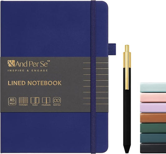 &And Per Se Lined Journal and Pen Set, A5 Leather Hardcover Notebook with Pen & Stationary Set, 160 Pages 100GSM Thick Ruled Paper Journal for Business Work Writing (Royal Blue)