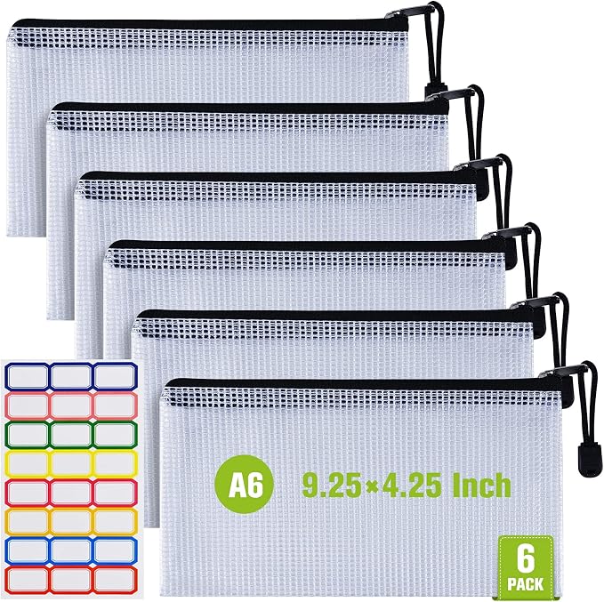 6PCS Mesh Zipper Pouch Bags: A6 Clear Zipper Pouches for Classroom, Black | 9.25×4.25 Inch Plastic Mesh Bag Document Pouch, Waterproof Organizing Pouch for for School Office Supplie, Travel Storage