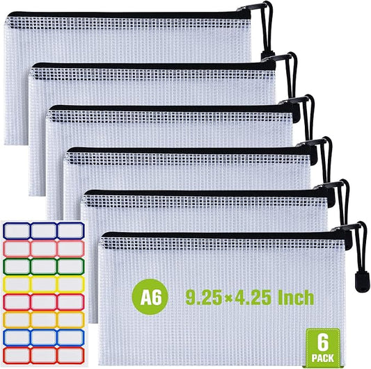 6PCS Mesh Zipper Pouch Bags: A6 Clear Zipper Pouches for Classroom, Black | 9.25×4.25 Inch Plastic Mesh Bag Document Pouch, Waterproof Organizing Pouch for for School Office Supplie, Travel Storage
