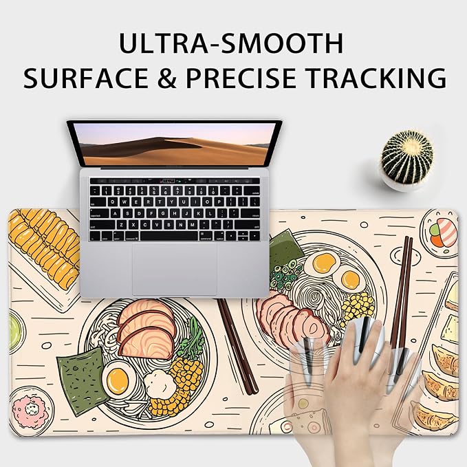Japanese Ramen Large Gaming Mouse Pad 31.5"x15.7"｜Illustrated Food Pattern XXL Desk Mat, Non-Slip Rubber Base & Stitched Edges - Extended Waterproof Mousepad for PC/Laptop/Office/Home Decor