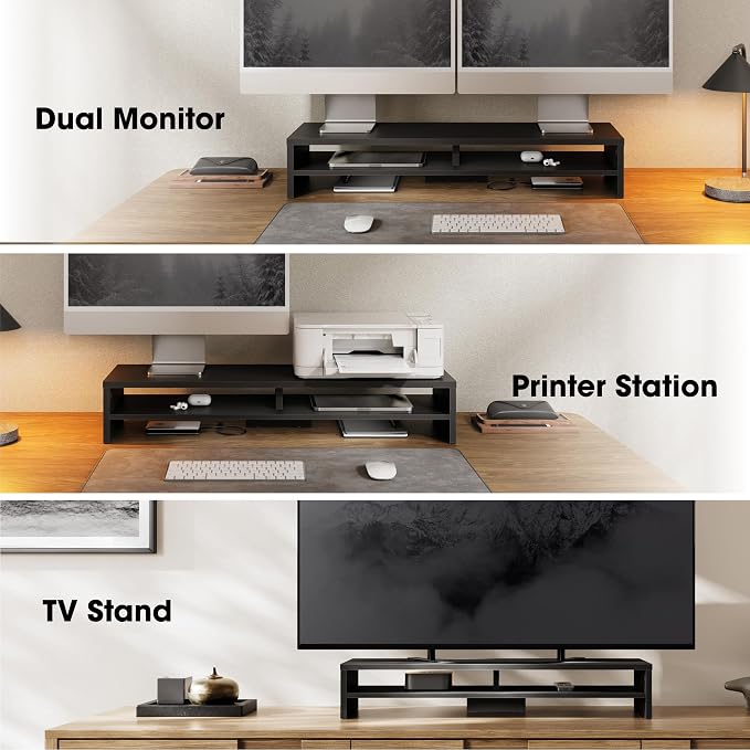Fenge 31.5 Inch Dual Monitor Stand Riser for Desk, Black | Wooden Desk Shelf, 2-Tier Open Storage Compartment, for PC Laptop Screen Printer, Home Office Desktop Organizer