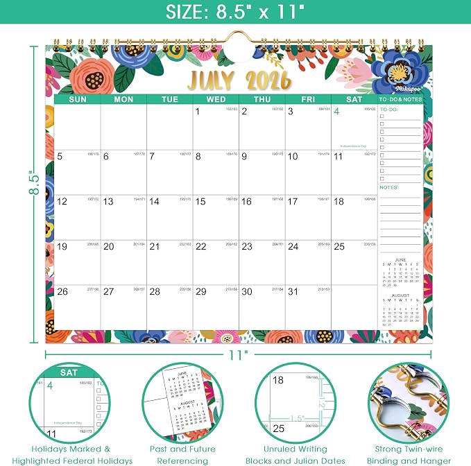 Calendar 2026-2027 - Wall Calendar 2026-2027, July 2026 to December 2027, 11" x 8.5", 26-27 Calendar 18 Monthly with Thick Paper + Julian Date - Floral