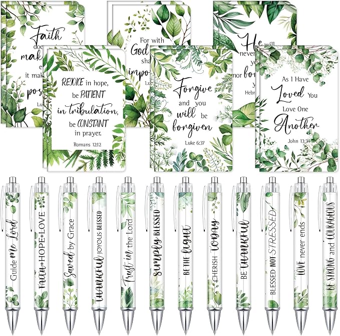 Colarr 12 Sets Christian Bulk Gifts for Women Bible Verse Pens Notebooks Religious VBS Scripture Ballpoint Pens Bookmarks Journal for Easter Sunday School Church Inspirational Supply(Greenery)