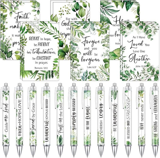 Colarr 12 Sets Christian Bulk Gifts for Women Bible Verse Pens Notebooks Religious VBS Scripture Ballpoint Pens Bookmarks Journal for Easter Sunday School Church Inspirational Supply(Greenery)