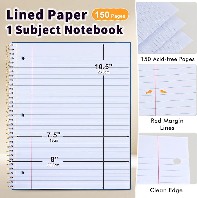 Spiral Notebook College Ruled Paper 8" x 10-1/2", 1 Subject Spiral Notebook 80GSM Paper, 3-Hole Punched Perforated Pages Ideal for School, Office, Writing, 75 Sheets Lined Journaling Notebook, Blue
