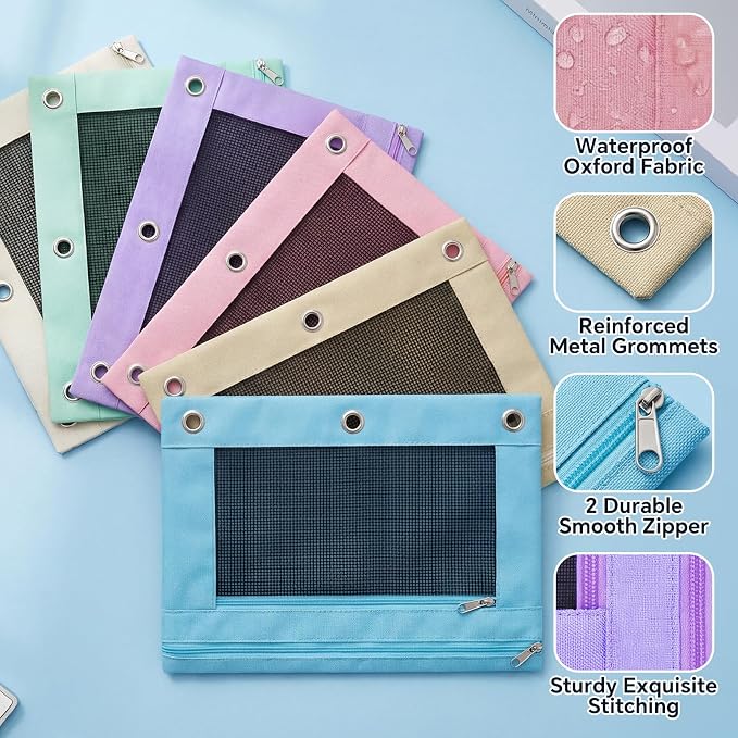 Lanpn 6 Pcs Pencil Pouch for 3 Ring Binder, 2 Pocket Zipper Binder Pouch, Pastel Binders Pencil Case, School Supplies for Boy Girl Student Office Home, Reinforced Grommets, Clear Window, Micro Mesh