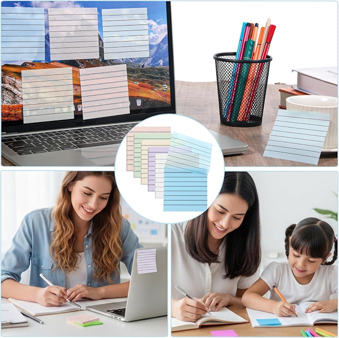 300 Sheets Transparent Sticky Notes Clear Translucent Lined 3x3 Inch 6 Pack Clear Sticky Notes Reminder Tabs with Line Colorful Lined Post Note Reminder Tabs for Office Home College Meeting