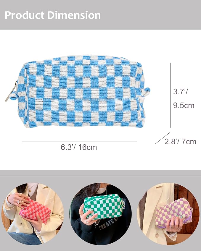 Checkered Makeup Bag for Purse, Small Travel Cosmetic Pouch,Sky Blue | Cute Zipper Makeup Organizer for Women, Travel Essentials, Toiletries, Makeup Brushes, Beauty Accessories&Bridesmaid Gifts