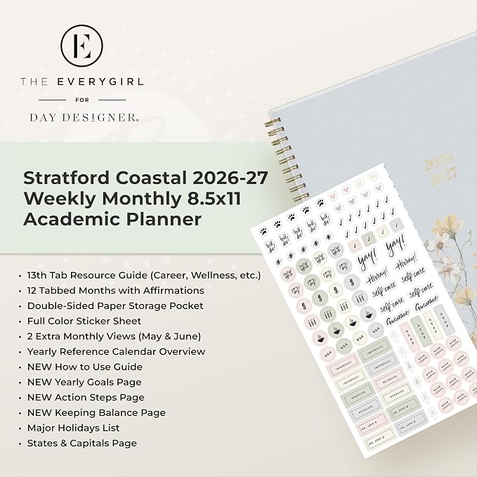 Blue Sky 2026-2027 Weekly & Monthly Academic Planner, 8.5"x11", Stratford | July 2026 - June 2027, Flexible Cover, Wirebound, Laminated Tabs, Storage Pocket, Stickers, Academic Year, The Everygirl