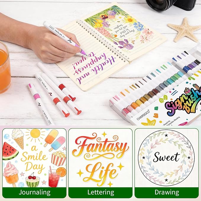 Arts Sign Brush Pens, 24 Colors Calligraphy Brush Pens with Felt Tip, Water Based Ink, Markers for Hand Lettering, Journaling, Art Drawing and Calligraphy