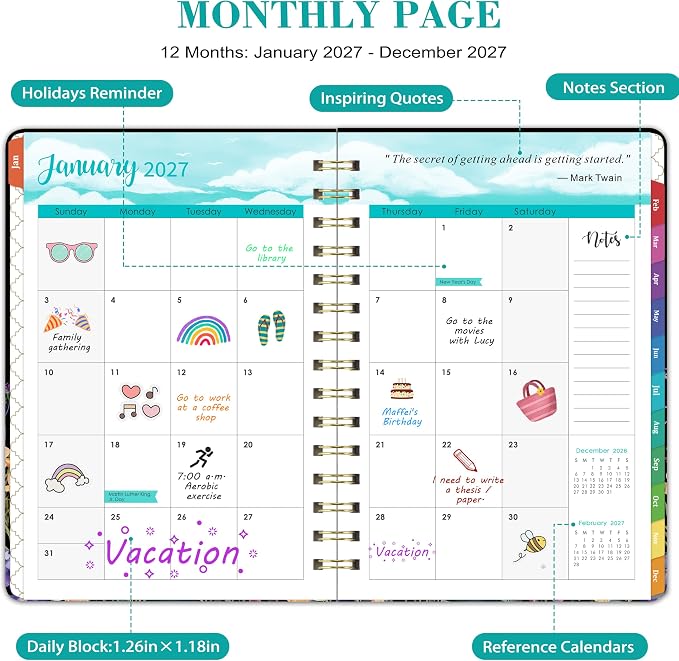 2027 Planner, 2027 Planner Weekly and Monthly, Jan 2027-Dec 2027, Hardcover | 12 Monthly Tabs,Elastic Closure,Twin-Wire Binding, Holiday Reminders, Back Pocket, Premium Paper,for School Office,6.5"x8.5"