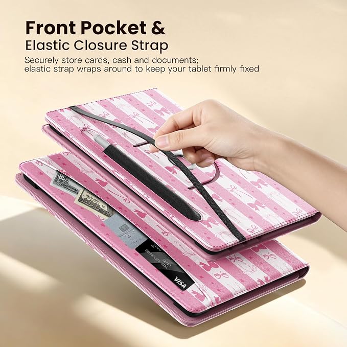 MoKo for Universal 11 inch Android Tablet Case with Pen Holder, Pink Bow | Fits All 9.6-11 inch Tablets, Slim 360 Degree Rotating Cover, Multi-Angle Stand, Front Pocket, No fit iPad/NO back opening