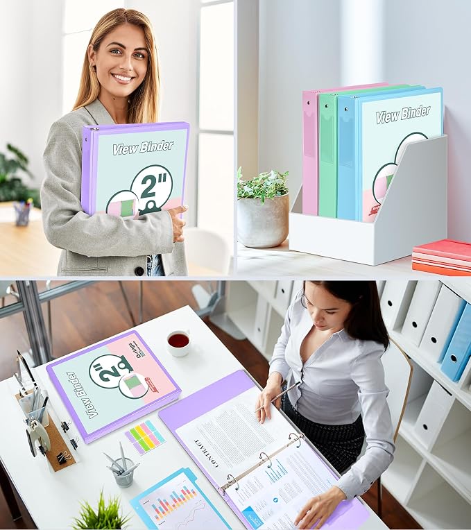 3 Ring Binder 2 inch，Cute Binder Organizer with 5 Tab Dividers Fits 175 Sheets of 8.5x11 Paper, Customizable Clear Cover with Inside Pockets, Aesthetic 2" Three Ring Binders for School Office，Purple