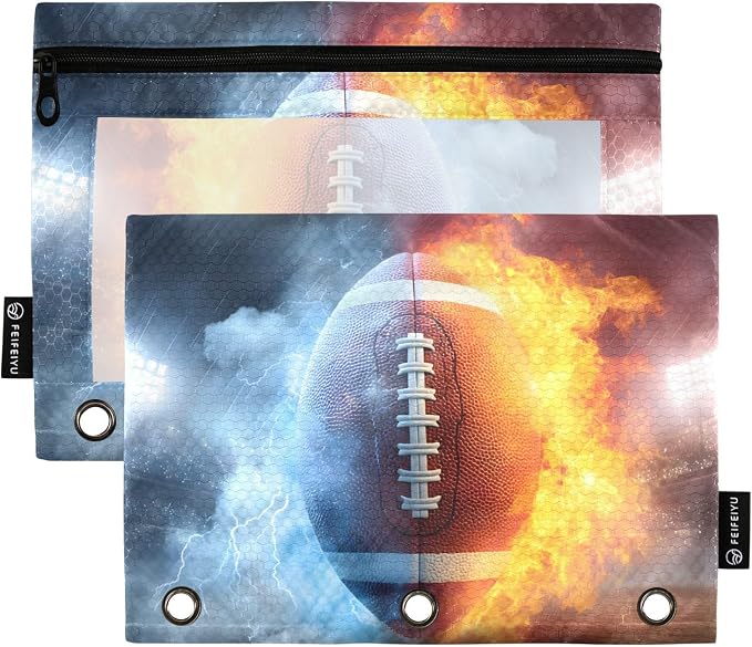 ALAZA Pencil Pouch for 3 Ring Binder, Waterfire Football Soccer Binder Pencil Pouches with Clear Window Zipper Pencil Case Cosmetic Bags for Office College Supplies, 2PCS
