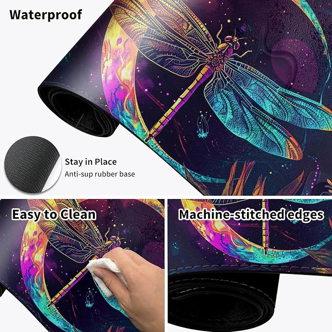 Heated Desk Pad Mouse Pad,Heated Desk Mat,with 3 Heating Levels & 3 Hours Auto Shut-Off,Leather 23.6"*14.2" Gaming Mouse Laptop Mat,Foot Warmer,Glitter Dragonfly Moon