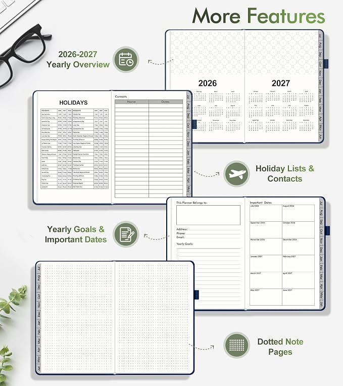 Planner 2026-2027, Academic Weekly and Monthly Calendar Planner from July 2026 - June 2027, Hardcover Leather Daily Agenda Book with Tabs, College School Organizer for Student Teacher, A5 (5.75" x 8.38"), Navy