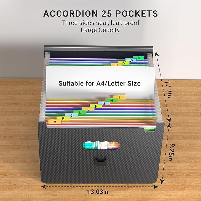 Expanding File Folders,Accordion File Organizer,25 Pockets Expandable File Folder with Plastic Handle,Portable Filing Box,Monthly Bill Receipt Paper and Document Organizer,Colored Tabs,A4/Letter Size