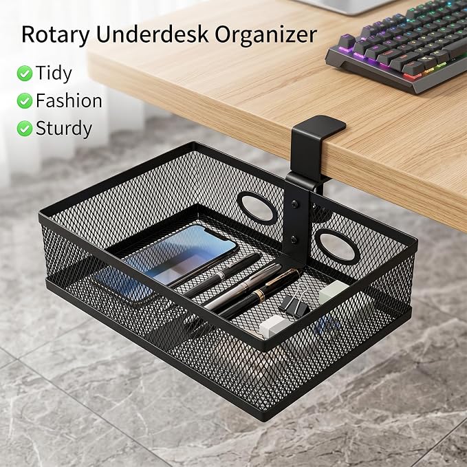 Under Desk Storage Basket, 360 Degree Swivel Clamp On Mesh Desk Organizer No Drill Installation Hidden Storage Drawer Mount Tray for Office Home Art Supplies, Black