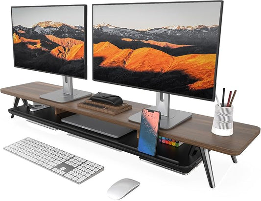 Fenge Dual Monitor Stand, Monitor Stands Riser for 2 monitors, 47.2 Inch Wood Desk Shelf with Storage Organizer and Cable Management for Office Desk Accessories