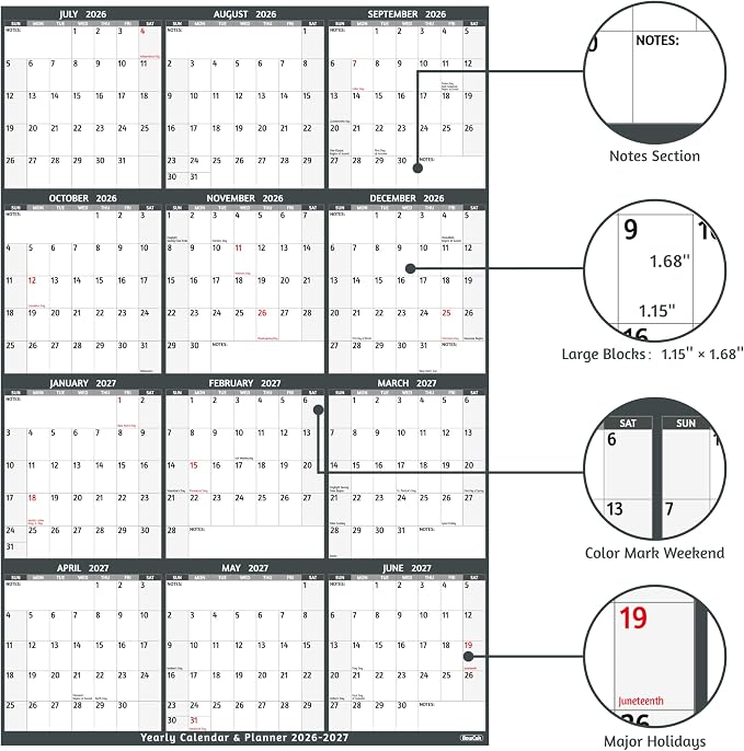 Yearly Wall Calendar 2026-2027 - Large Yearly Calendar Vertical, Jul 2026 - Jun 2027, 25.2" x 38.2" (Open), 2026-2027 Calendar, Large Wall Calendar, Full Year Paper Calendar with Notes, Thicker Paper
